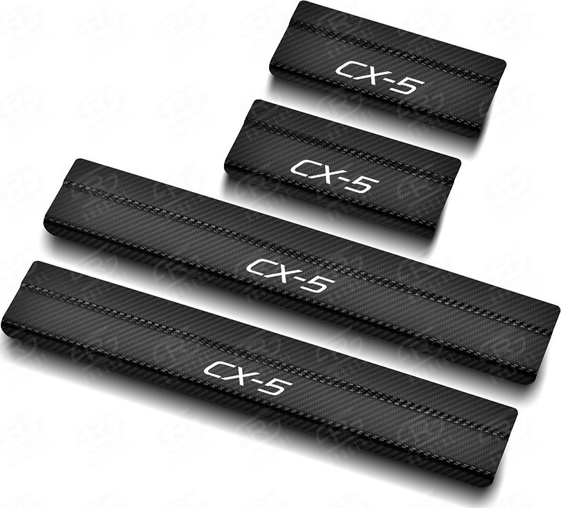 Накладки RusStal на пороги (лист нерж. карбон., с надписью) для Mazda CX-5 II 2017-2026. Артикул MZDCX517-06