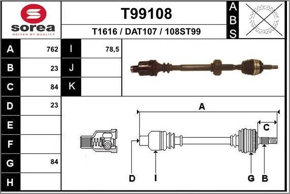 Полуось (привод в сборе, приводной вал) EAI. Артикул T99108
