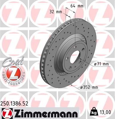 Тормозной диск Zimmermann SPORT Z передний для Ford Mustang VI 2015-2026. Артикул 250.1386.52