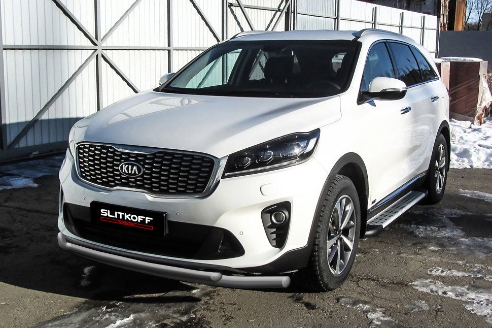 Защита Slitkoff переднего бампера d57+d42 двойная для Kia Sorento III (Prime) рестайлинг 2017-2020 Серебристая. Артикул KS17-001S