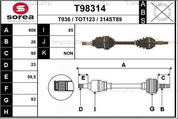 Полуось (привод в сборе, приводной вал) EAI передняя левая для Toyota Carina V (T170) 1987-1992. Артикул T98314