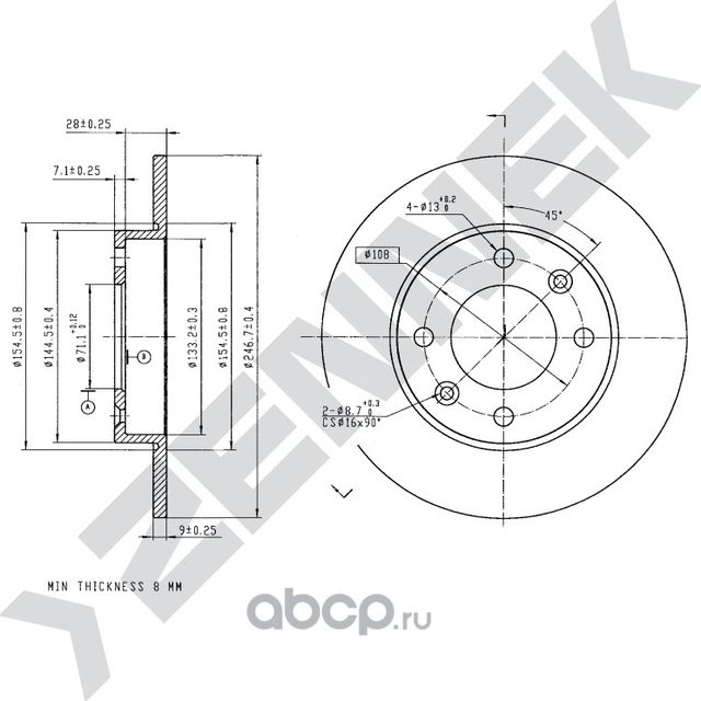 Диск тормозной задний CITRON BERLINGO 96-12 C2 03-17 (Zennek). Артикул DBD0023