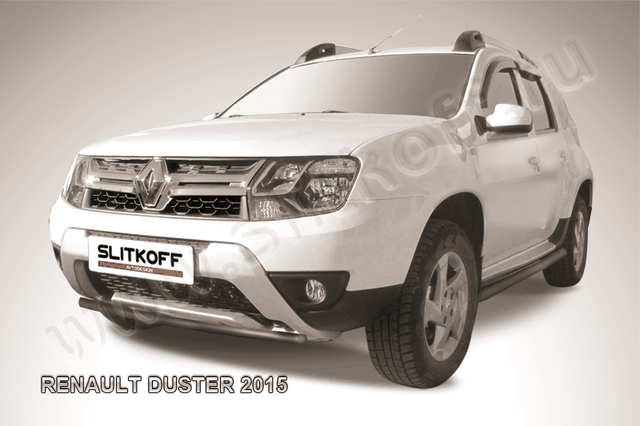 Защита Slitkoff переднего бампера d42 для Renault Duster I рестайлинг 2015-2020 Черная. Артикул RD15005B