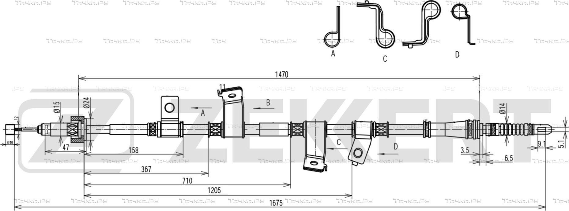 Трос ручника (тросик ручного тормоза) Zekkert. Артикул BZ-1208