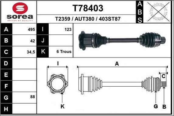 Полуось (привод в сборе, приводной вал) EAI. Артикул T78403