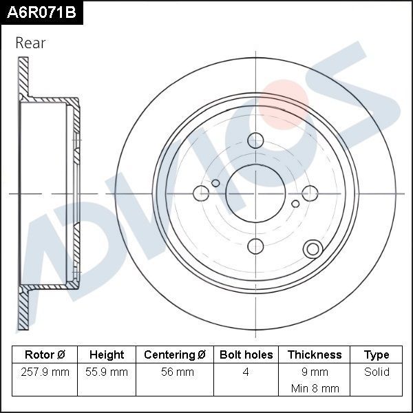 Тормозной диск Advics для Toyota Echo 1999-2005. Артикул A6R071B