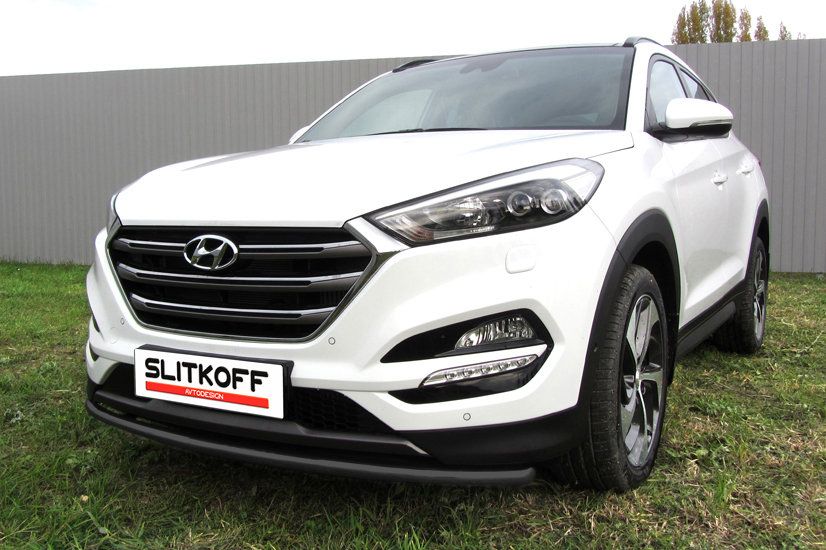 Защита Slitkoff переднего бампера d42 для Hyundai Tucson III 4WD 2015-2026 Черная. Артикул HT4WD15002B