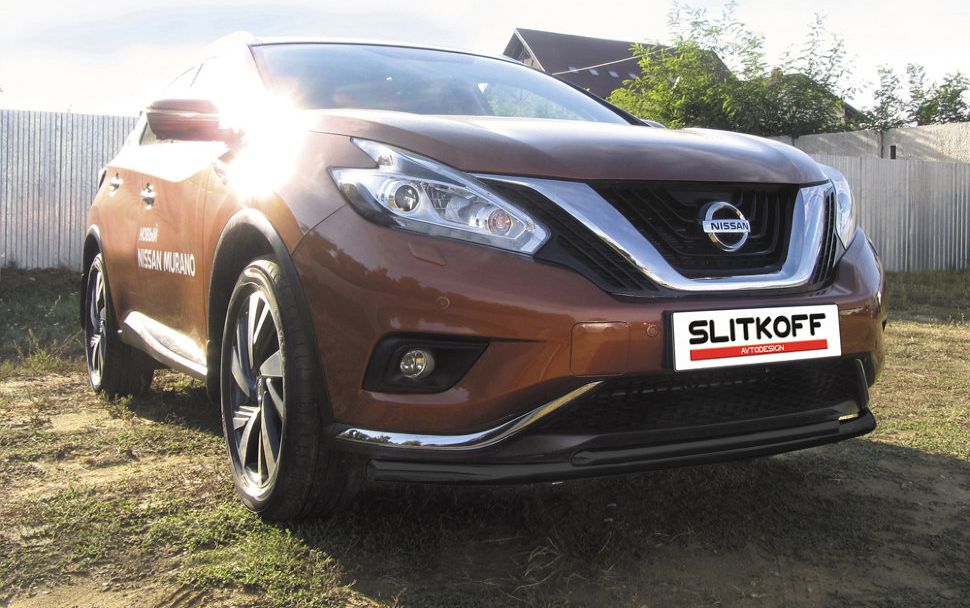 Защита Slitkoff переднего бампера d57+d42 двойная длинная для Nissan Murano Z52 2015-2026 Черная. Артикул NIM16002B