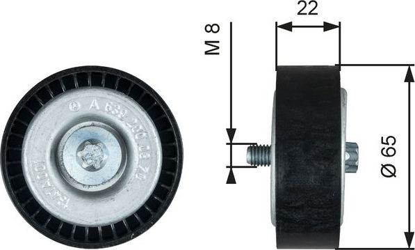 Направляющий (ведущий) ролик приводного поликлинового ремня Gates (полимерный материал) для Smart Forfour I ((W454) 2004-2006. Артикул T36734