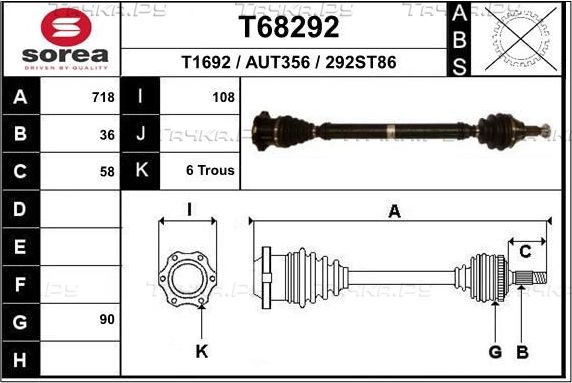 Полуось (привод в сборе, приводной вал) EAI. Артикул T68292