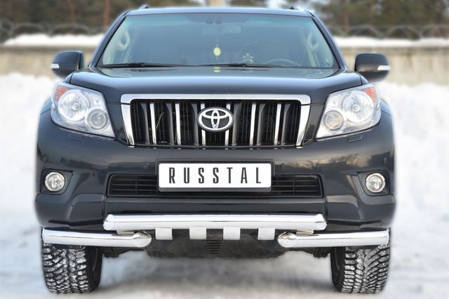 Защита RusStal переднего бампера d76 (дуга) d76х2 (дуга)+клыки для Toyota Land Cruiser Prado 150 2009-2013. Артикул PNZ-001614