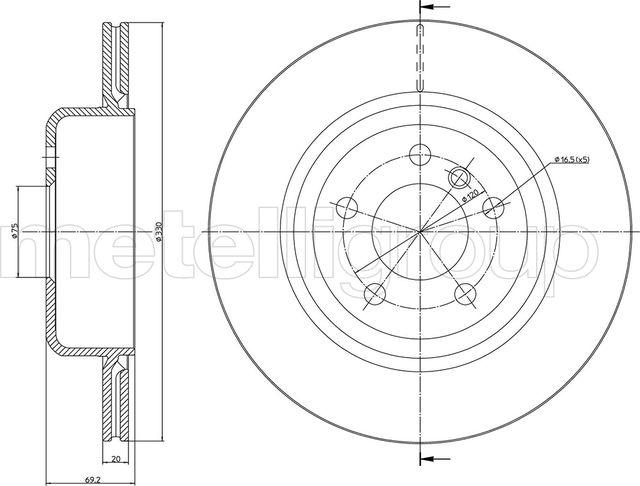 Тормозной диск Metelli задний для BMW 5 VI (F10/F11/F07) 2010-2017. Артикул 23-1281C