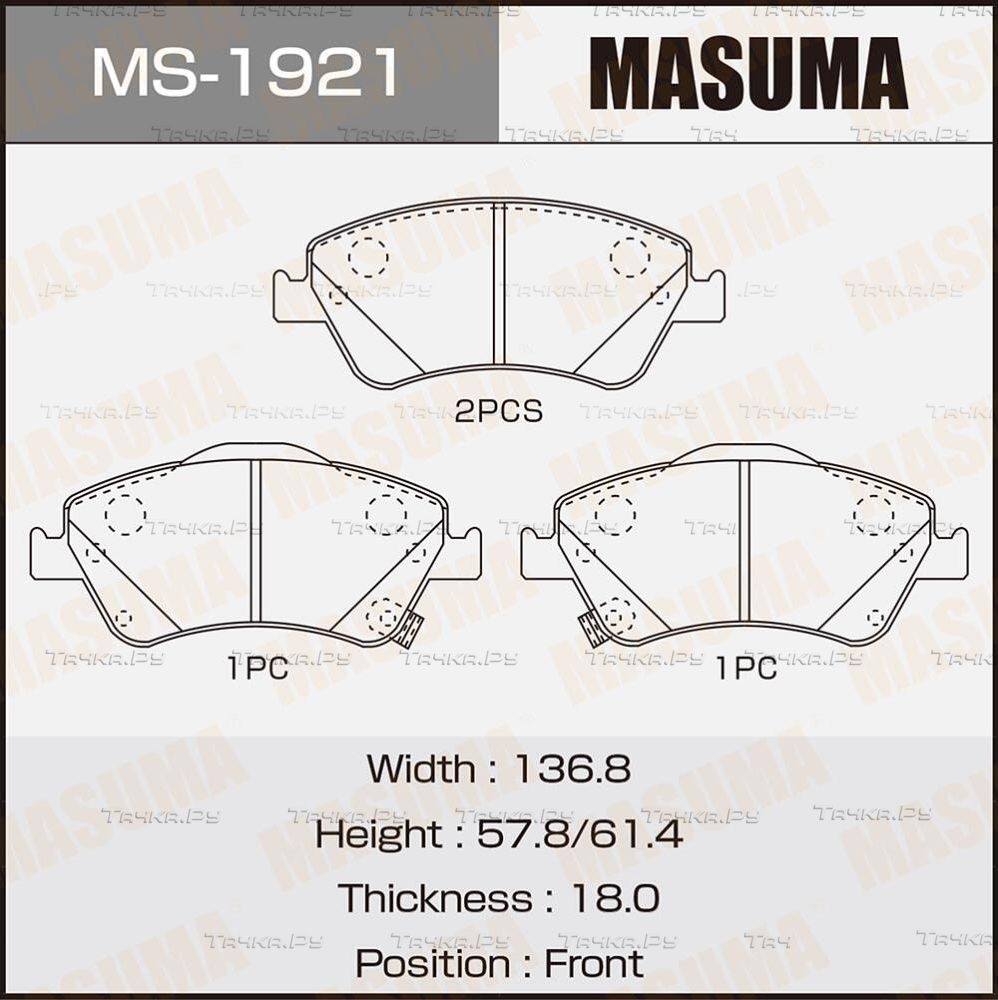 Тормозные колодки Masuma передние для Toyota Corolla E140, E150 2006-2014. Артикул MS-1921