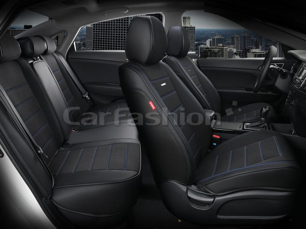 Чехлы универсальные каркасные CarFashion 5D Mayer Plus на сидения авто, цвет Черный/Черный/Синий. Артикул 27004