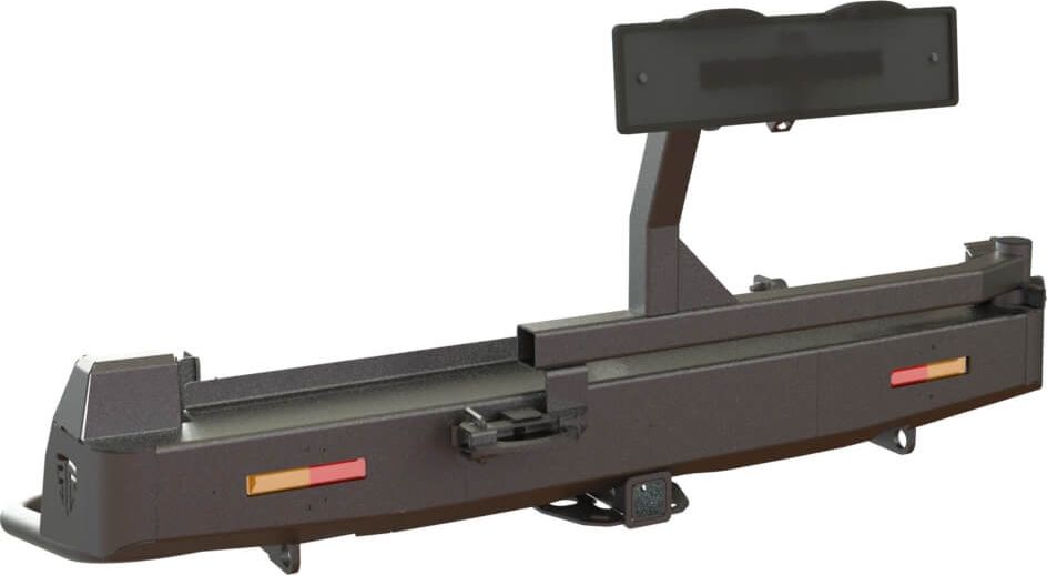 Бампер силовой STC задний для Isuzu D-MAX III 2020-2026 с квадратом под фаркоп, кронштейном крепления запасного колеса по центру, кронштейном крепления гос номера и дублирующими фонарями. Артикул STC-ID20-BR-C1-L1