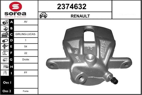 Тормозной суппорт EAI передний правый для Renault Modus I 2004-2012. Артикул 2374632
