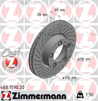 Тормозной диск Zimmermann Coat Z передний правый для Porsche Boxster III (981) 2012-2016. Артикул 460.1590.20