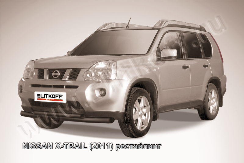 Защита Slitkoff переднего бампера d76/57 двойная ЧЕРНАЯ матовая для Nissan X-Trail T31 2011-2014. Артикул NXT11-001B