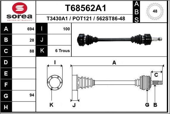 Полуось (привод в сборе, приводной вал) EAI. Артикул T68562A1