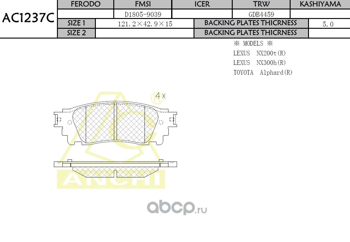 Тормозные колодки ANCHI AC1237C Anchi. Артикул AC1237C