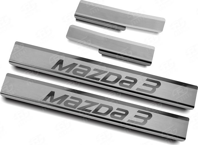 Накладки RusStal на пороги (лист нерж. шлифованный с надписью) для Mazda 3 III 2013-2018. Артикул MZD313-03