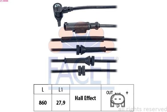 Датчик ABS Facet Made in Italy - OE Equivalent передний правый/левый для Alfa Romeo MiTo I 2008-2018. Артикул 21.0098