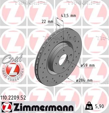 Тормозной диск Zimmermann Sport Coat Z передний для Lancia Lybra 1999-2005. Артикул 110.2209.52