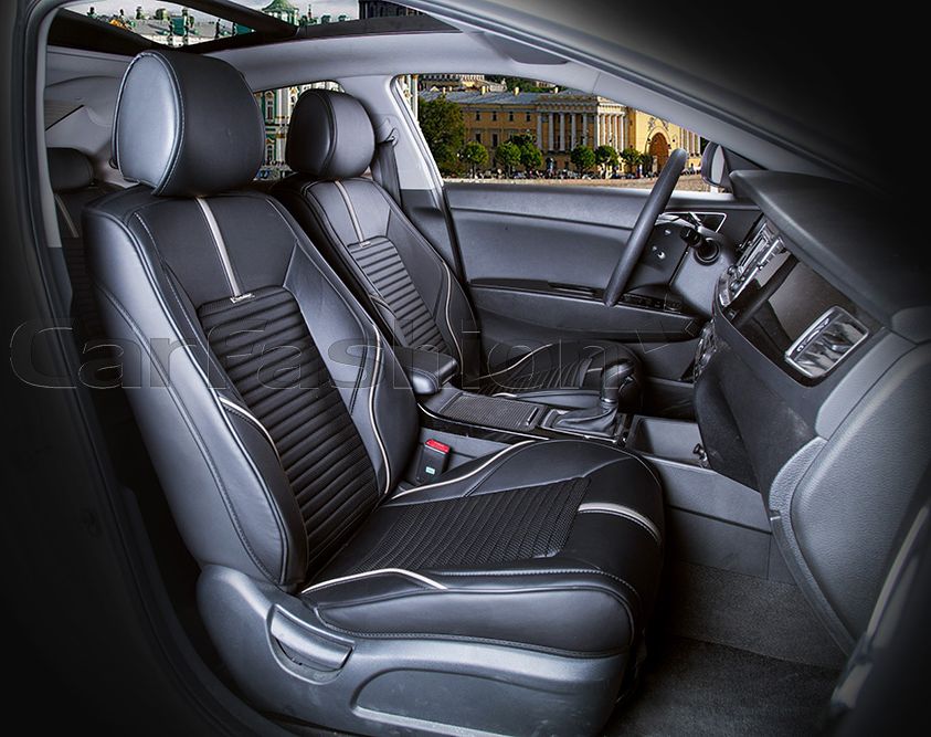 Накидки универсальные CarFashion Sector Leather на передние сидения авто, цвет Светло-серый/Черный/Черный. Артикул 21388