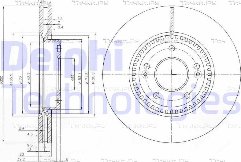 Тормозной диск Delphi передний для Kia Carens III (RP) 2013-2026. Артикул BG4011