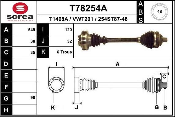 Полуось (привод в сборе, приводной вал) EAI. Артикул T78254A