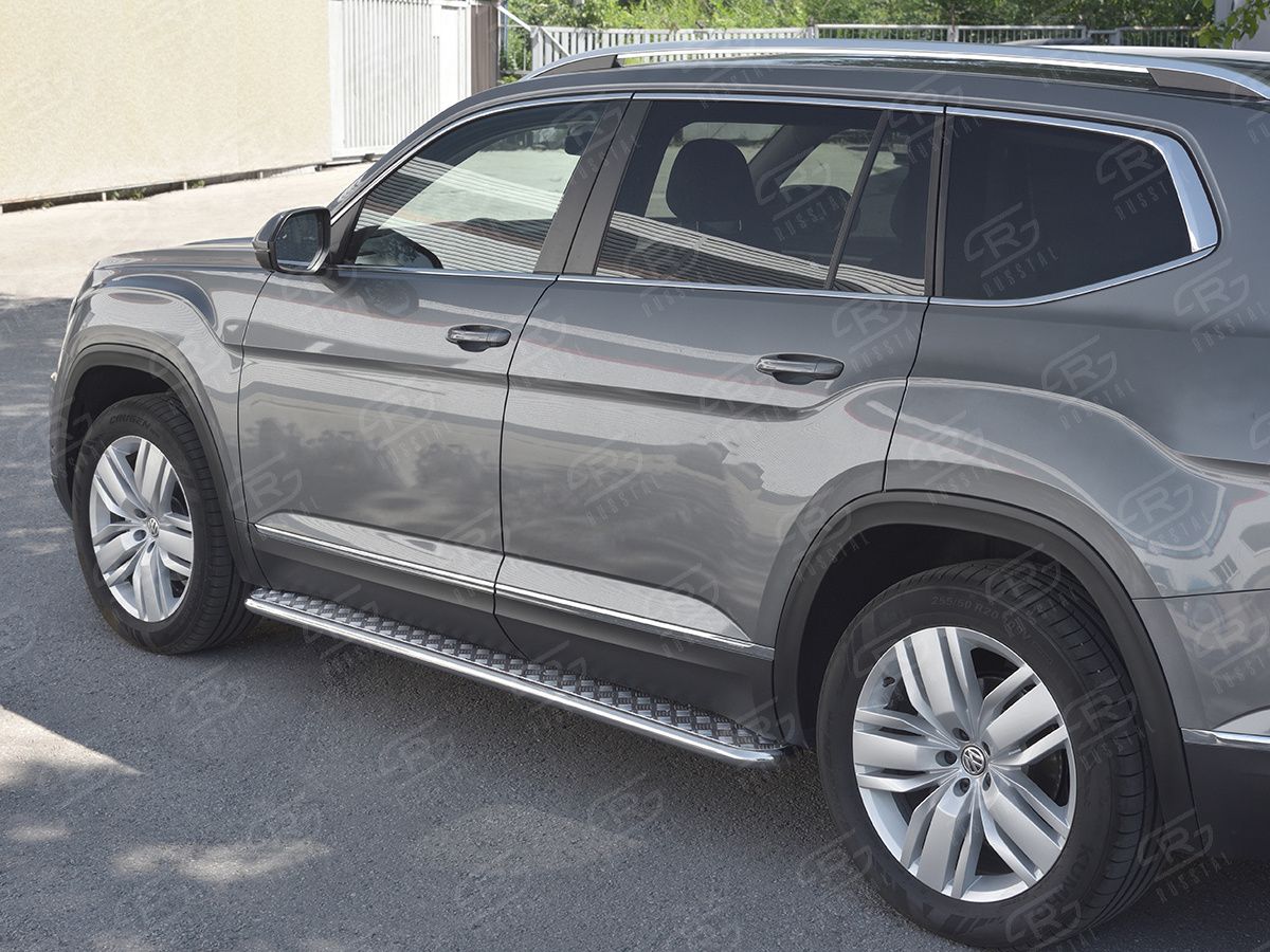 Защита порогов RusStal труба d42 с листом (Лист алюм, проф. нерж) (Вариант 1) для Volkswagen Teramont 2017-2026. Артикул VTML-0029931
