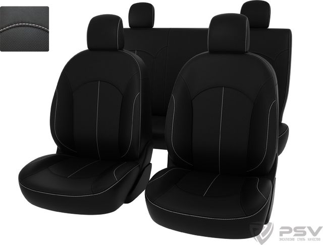 Чехлы PSV Оригинал на сидения для Renault Logan 2014-2026, цвет Черный/отстрочка белая. Артикул 124363