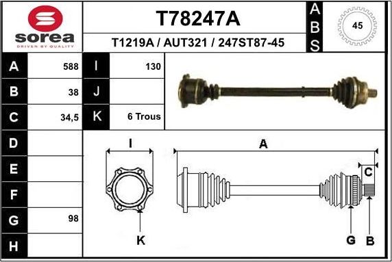 Полуось (привод в сборе, приводной вал) EAI. Артикул T78247A