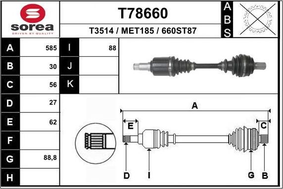 Полуось (привод в сборе, приводной вал) EAI. Артикул T78660