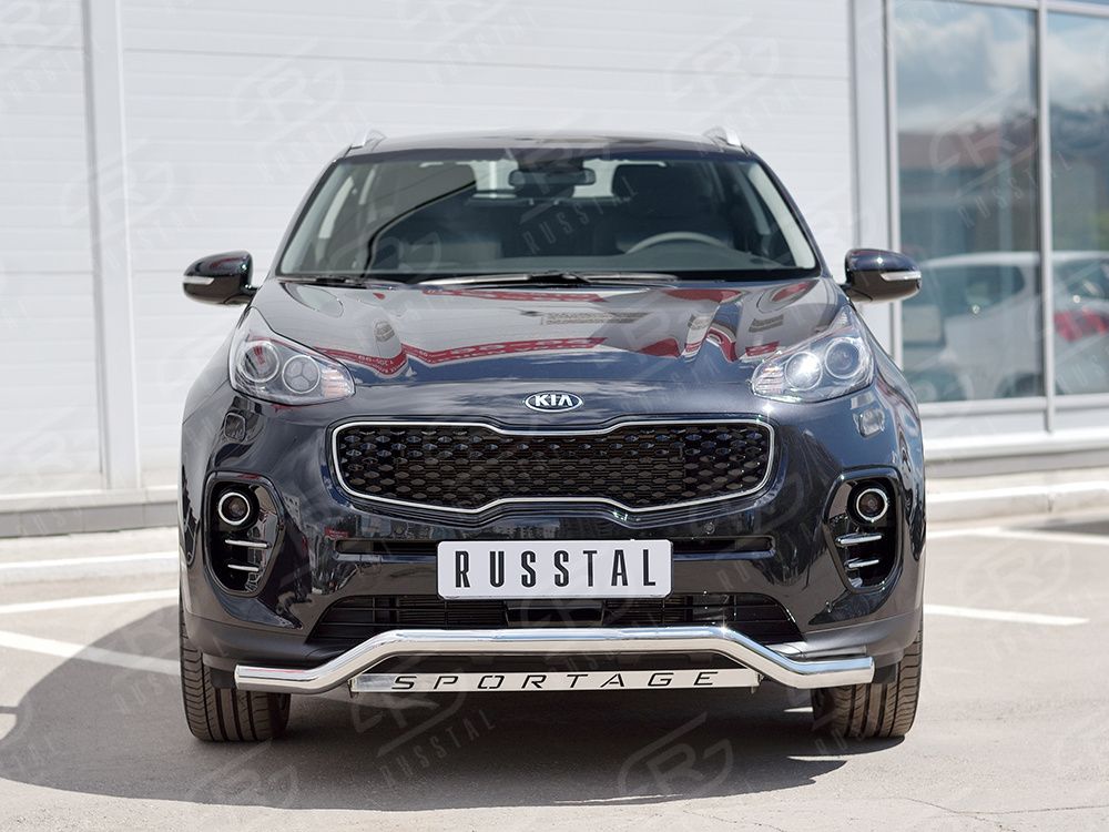 Защита RusStal переднего бампера d63 волна с надписью для Kia Sportage IV 2016-2018. Артикул KSZ-002280
