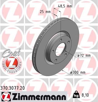 Тормозной диск Zimmermann Coat Z передний для Mazda 3 I (BK) 2003-2009. Артикул 370.3077.20
