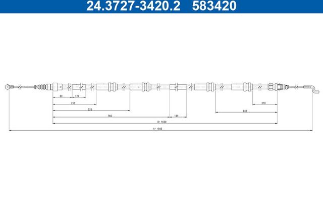 Трос ручника (тросик ручного тормоза) ATE для Volkswagen Multivan T6 2015-2026. Артикул 24.3727-3420.2