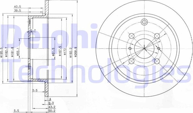 Тормозной диск Delphi задний для Toyota Corolla E120, E130 2001-2007. Артикул BG3867
