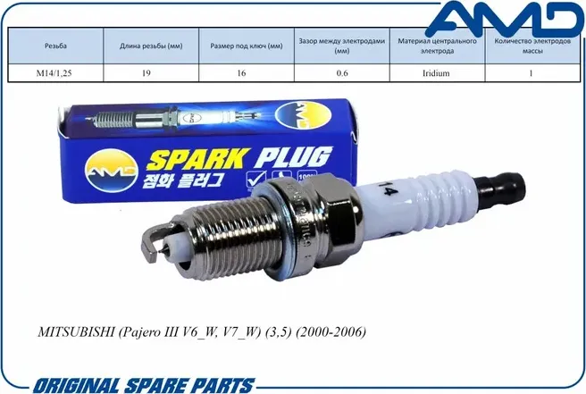 Свеча зажигания MITSUBISHI (Pajero III V6_W, V7_W) (3,5) (2000-2006) (AMD). Артикул AMD.PL114