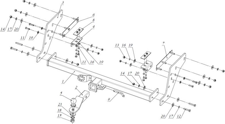 Фаркоп Bizon для Mitsubishi L200 IV 2006-2015 с накладкой из нержавеющей стали. Быстросъемный крюк. Артикул FA 0648-E(N)