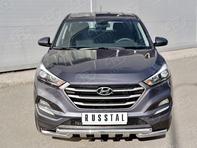 Защита RusStal переднего бампера Ф63 дуга-Ф63 дуга+клыки дуга для Hyundai Tucson III 2015-2018. Артикул HTZ-002230