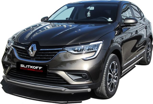 Защита Slitkoff переднего бампера d42+d32 двойная для Renault Arkana 2019-2026 Серебристая. Артикул RAR4WD001S