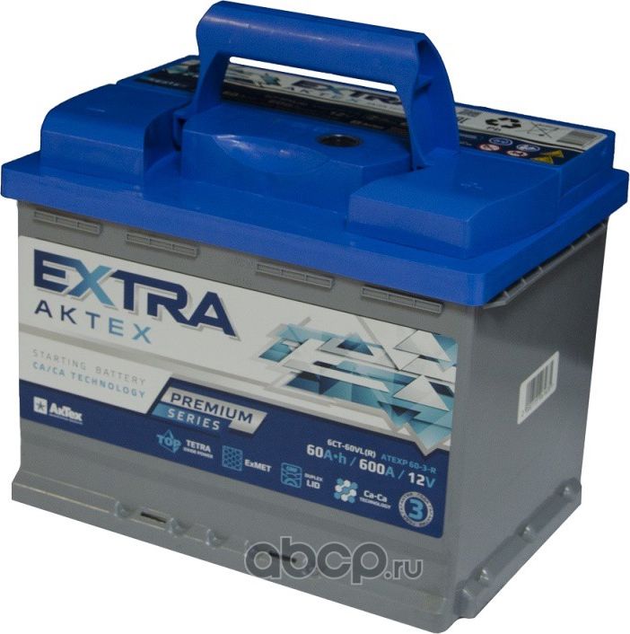 аккумулятор АКТЕХ EXTRA PREMIUM 60 А/ч 600A обр. п. (242х175х190) 6СТ-60 VL (R) (Aktex). Артикул ATEXP603R