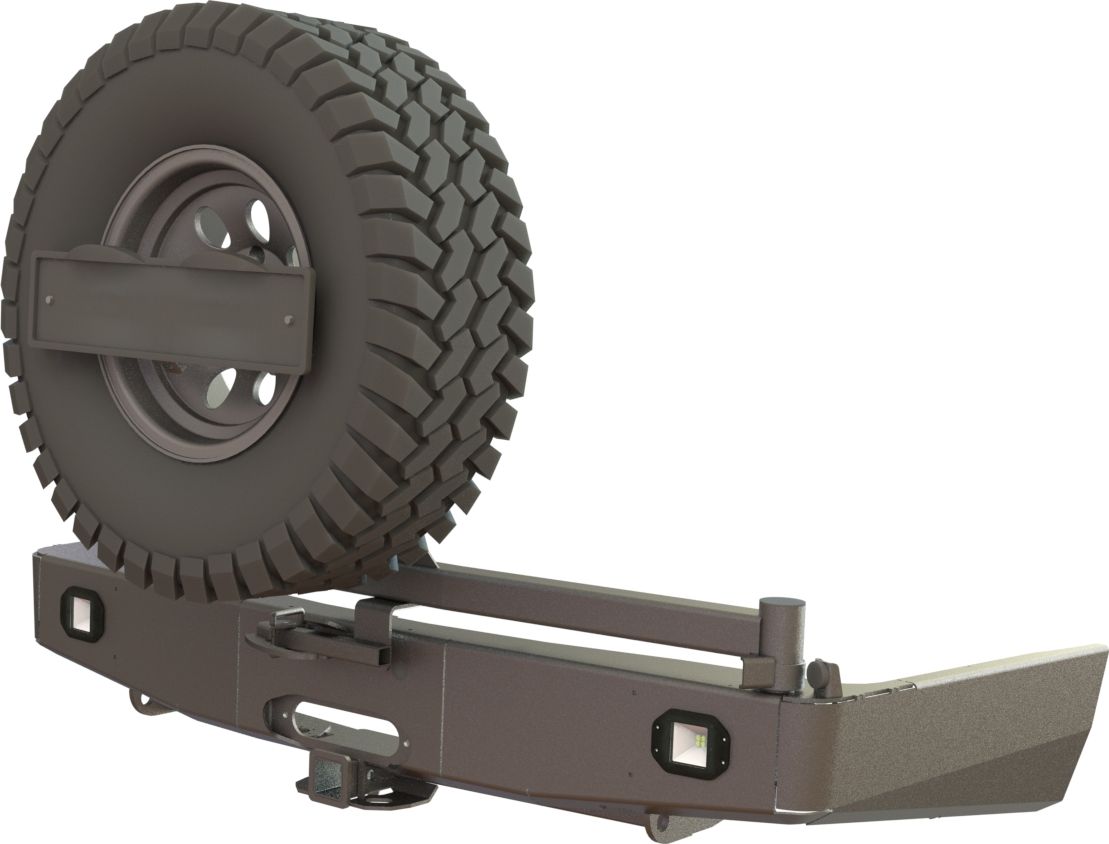 Бампер силовой STC задний для Mitsubishi Pajero Sport III 2015-2026 с квадратом под фаркоп, площадкой под лебедку, кронштейном крепления запасного колеса по центру и фарами заднего хода/ПТФ. Артикул STC-MPS3-BR-W-C1-L2