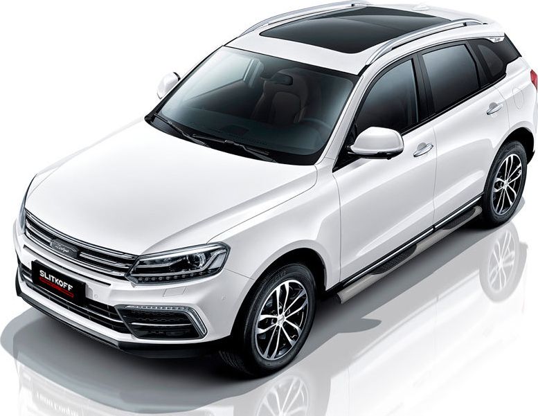 Пороги Slitkoff труба d76 с проступями для Zotye Coupa 2018-2026 Серебристые. Артикул ZOTCOP-004S