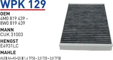 Фильтр салонный (угольный) AUDI A4(B8)/A5/Q5 II/Q7 II WUNDER FILTER WPK129 Wunder. Артикул WPK129