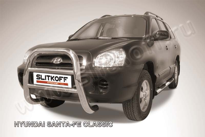 Кенгурятник Slitkoff d76 высокий для Hyundai Santa Fe Classic (Таганрог) 2001-2013. Артикул HSFT002