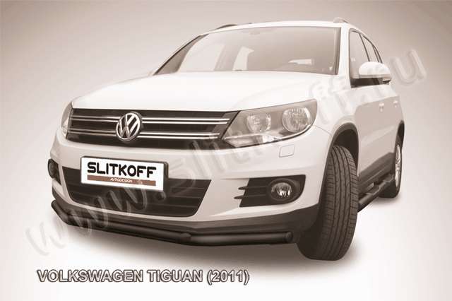 Защита Slitkoff переднего бампера d57/42 двойная ЧЕРНАЯ матовая для Volkswagen Tiguan 2011-2016. Артикул VWTIG-003B