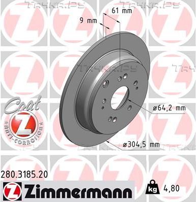Тормозной диск Zimmermann Coat Z задний для Honda CR-V V 2016-2026. Артикул 280.3185.20