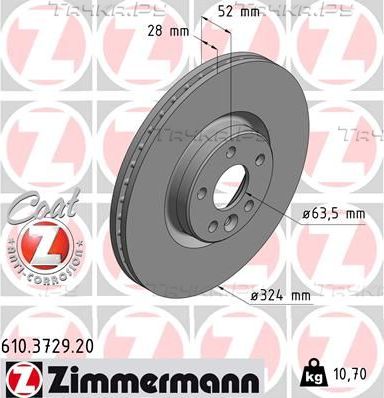 Тормозной диск Zimmermann Coat Z передний для Volvo XC60 I 2008-2017. Артикул 610.3729.20